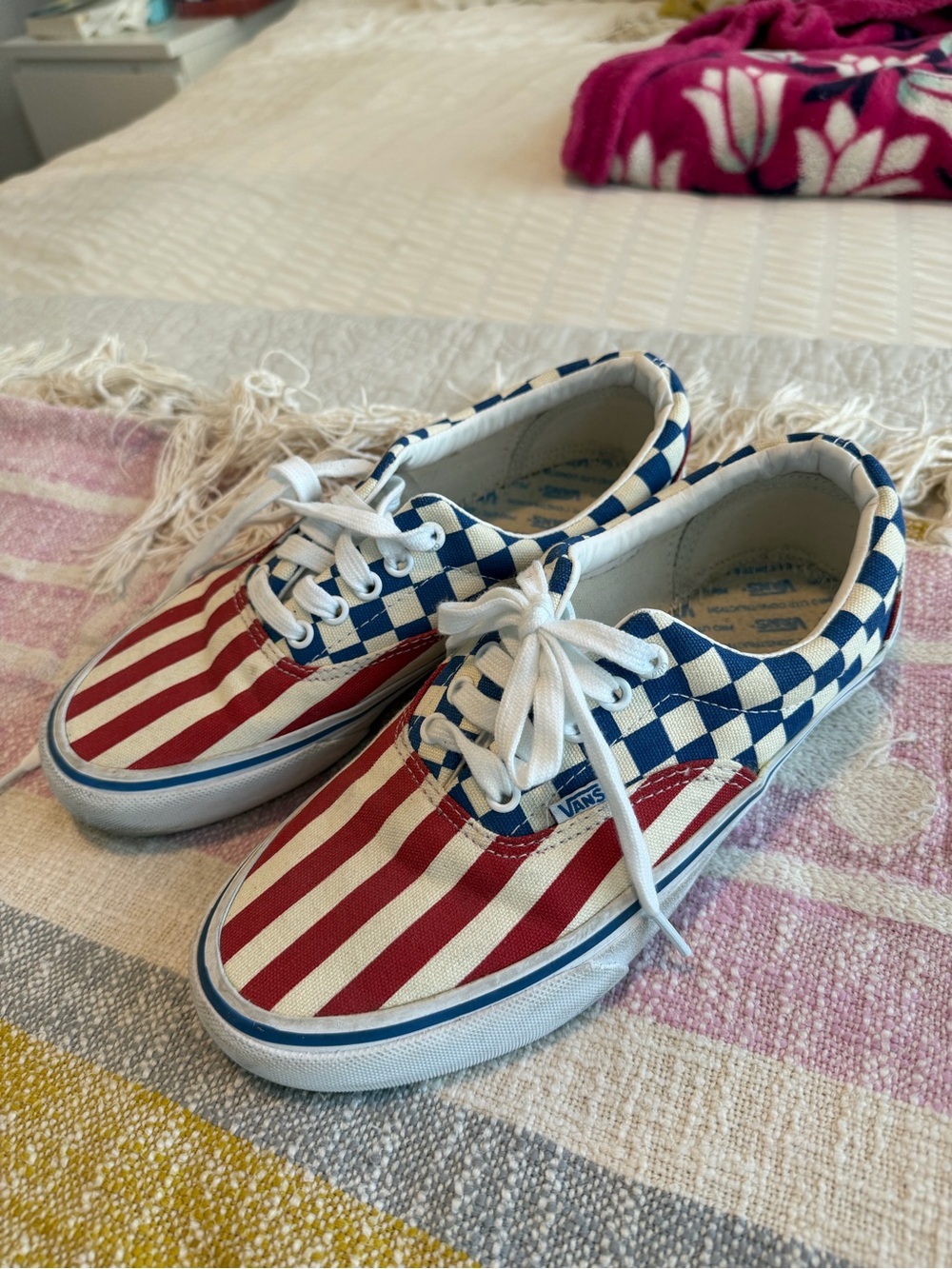 Vans Women’s Classic Checkerboard & Stripe Sneakers - Red, Blue & White 8.5